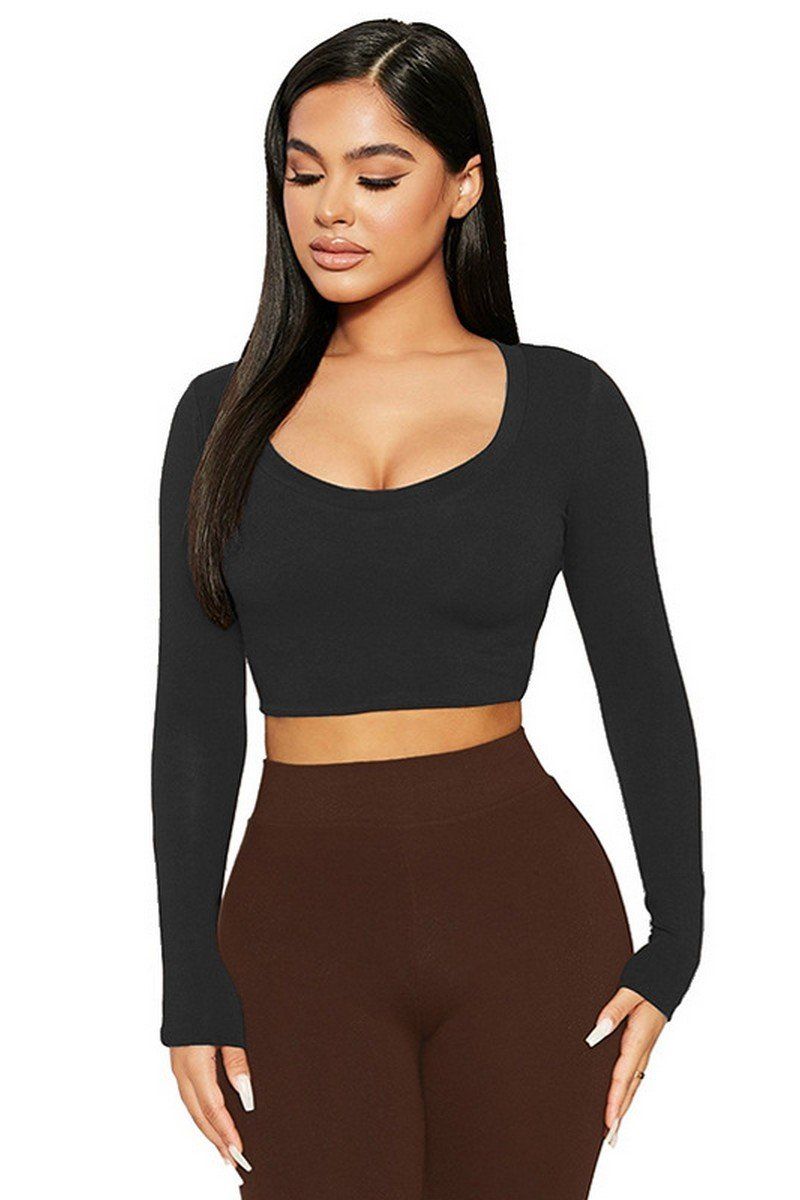 WOMEN SEXY U NECK LONG SLEEVE CROP TIGHT TOP