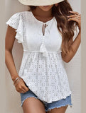 RUFFLED SLEEVE TIE NECK TUNIC TOP - Doublju