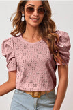 PUFF SHOULDER ROUND NECK SHORT CASUAL TOP - Doublju
