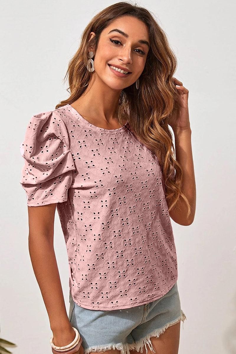 PUFF SHOULDER ROUND NECK SHORT CASUAL TOP - Doublju