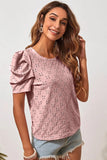PUFF SHOULDER ROUND NECK SHORT CASUAL TOP - Doublju