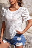 PUFF SHOULDER ROUND NECK SHORT CASUAL TOP - Doublju