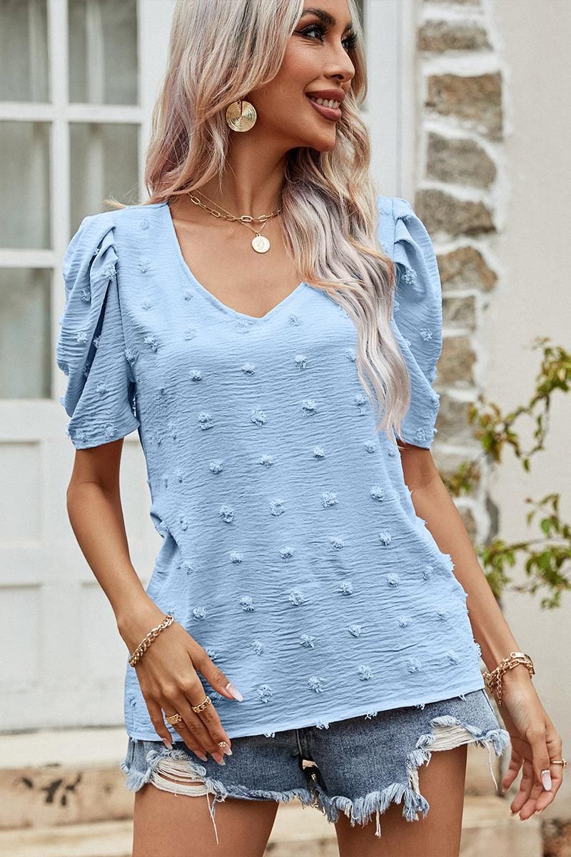 PUFF SLEEVE DEEP NECK CASUAL TOP - Doublju