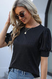 HOLLOW HOLE RIBBED SLEEVE CASUAL TOP - Doublju