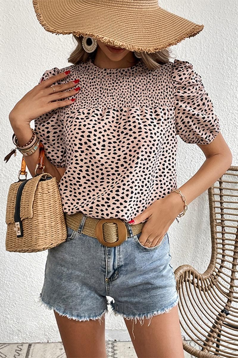 LEOPARD PRINTING SHORT PUFF SLEEVE WOMEN T SHIRT - Doublju