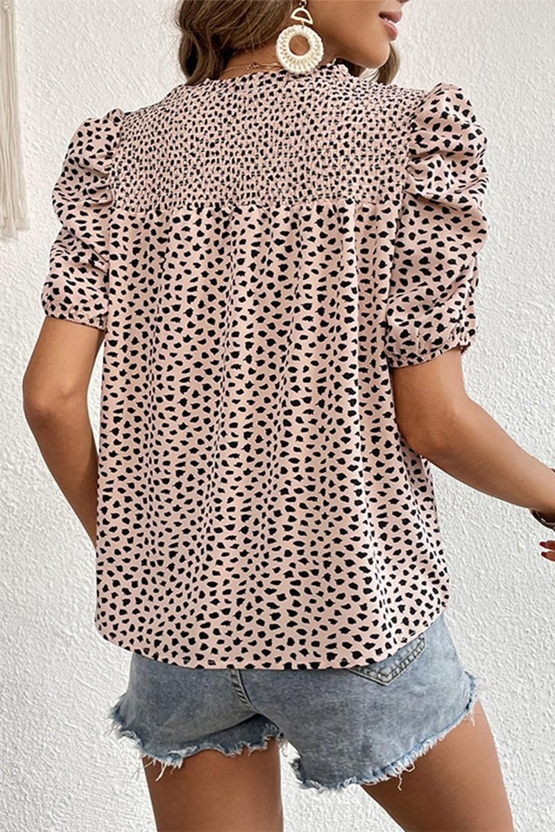 LEOPARD PRINTING SHORT PUFF SLEEVE WOMEN T SHIRT - Doublju