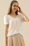 SOLID V NECK SHORT TULIP SLEEVE TUNIC TOPS - Doublju