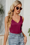 DEEP V NECK SATIN SLEEVELESS TUNIC TOP - Doublju