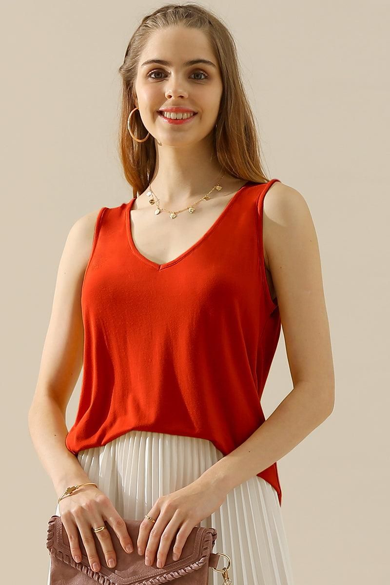 V NECK WIDE SLEEVELESS SOLID TEE SHIRTS TOPS - Doublju