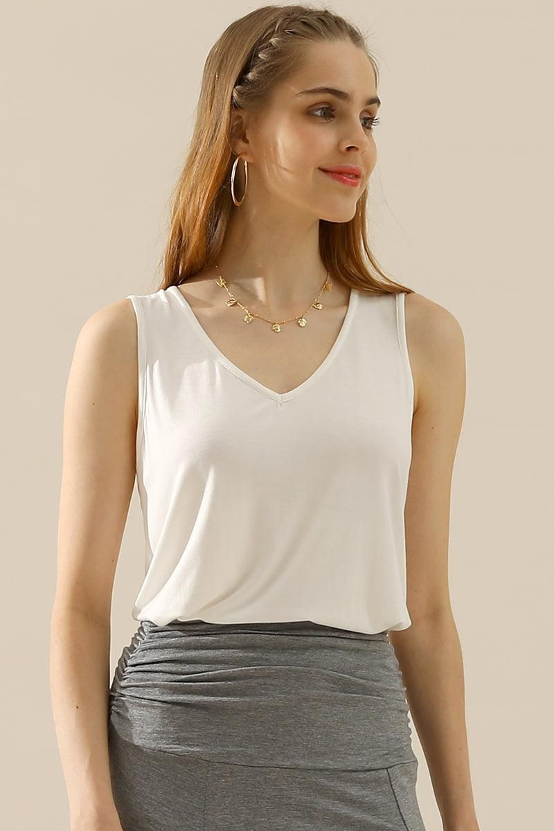V NECK WIDE SLEEVELESS SOLID TEE SHIRTS TOPS - Doublju